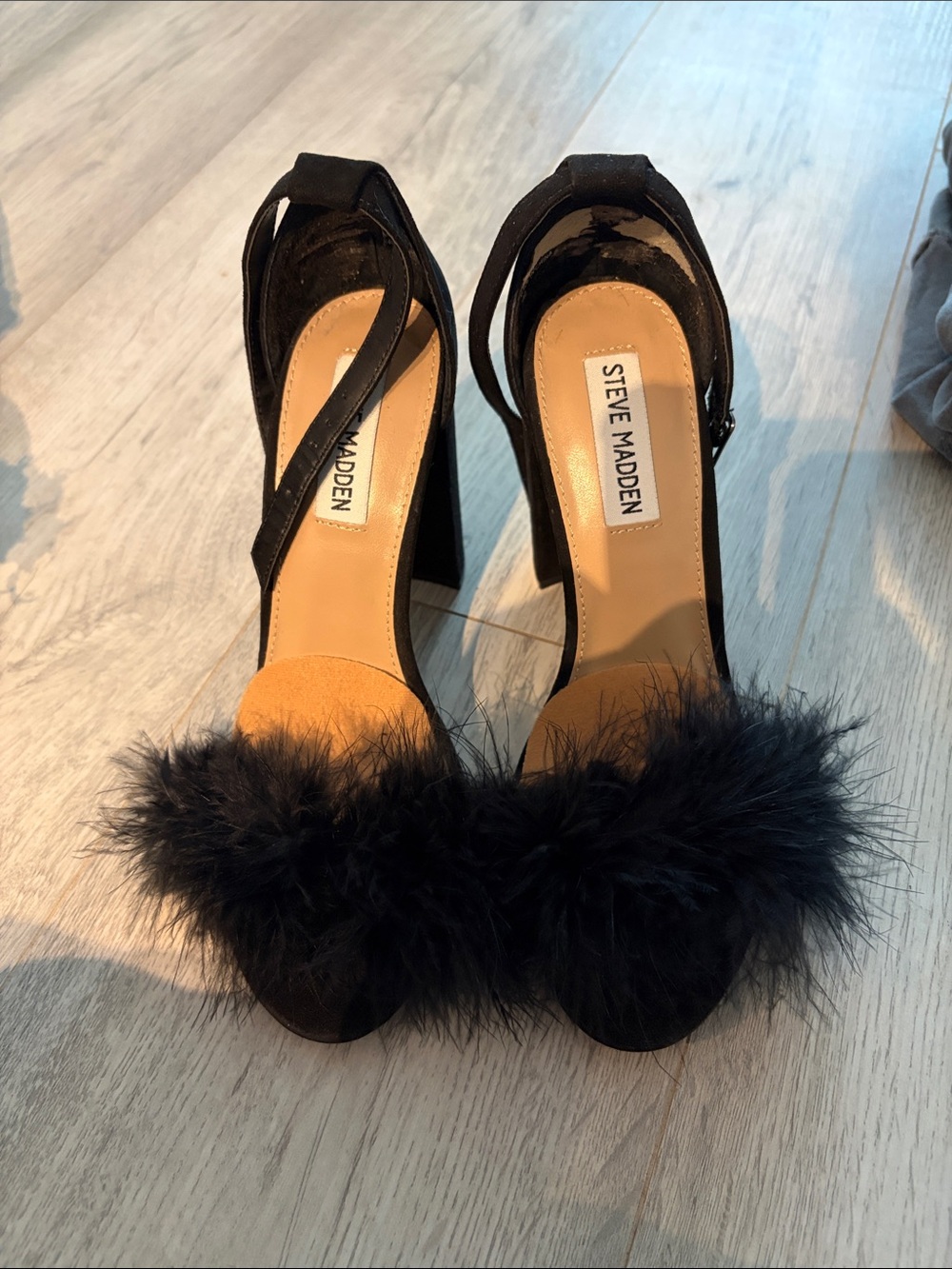 Steve Madden Black Feathered Ankle Strap Block Heels